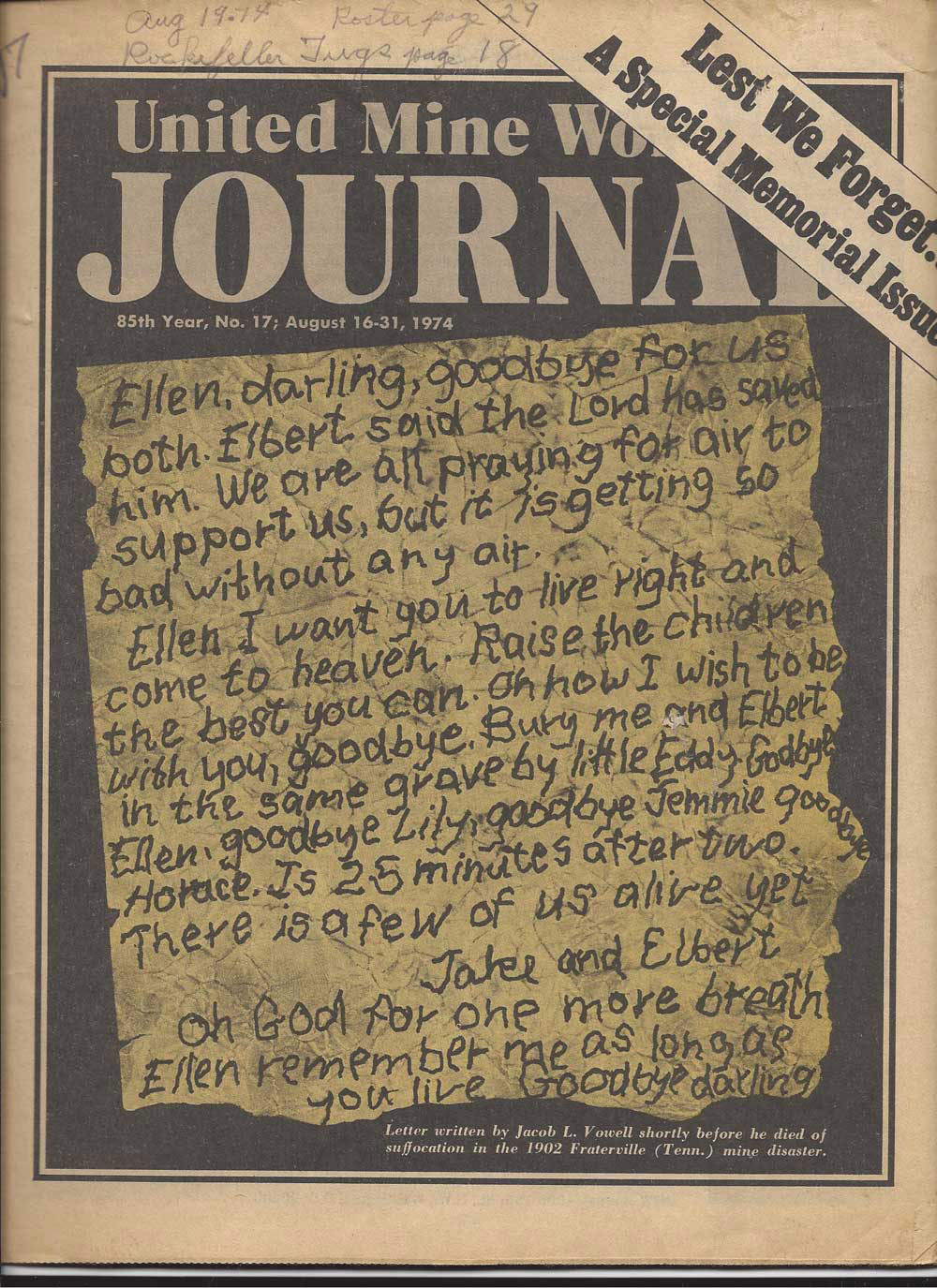 The United Mine Workers Journal August 17, 1974 cover showing a letter written by a fatally trapped miner after a collapse in West Virginia. (Little Cities of Black Diamonds Archive) 
